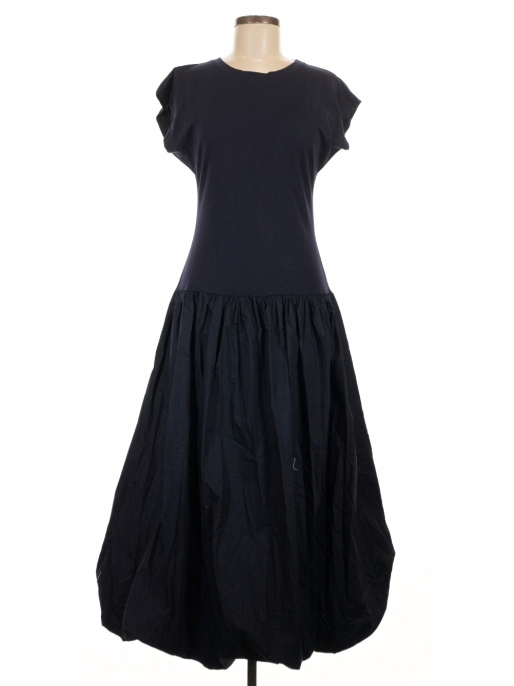 Vanessa Drop Waist Midi Dress Medium Navy Mixed Media Bubble Hem Designer Luxury